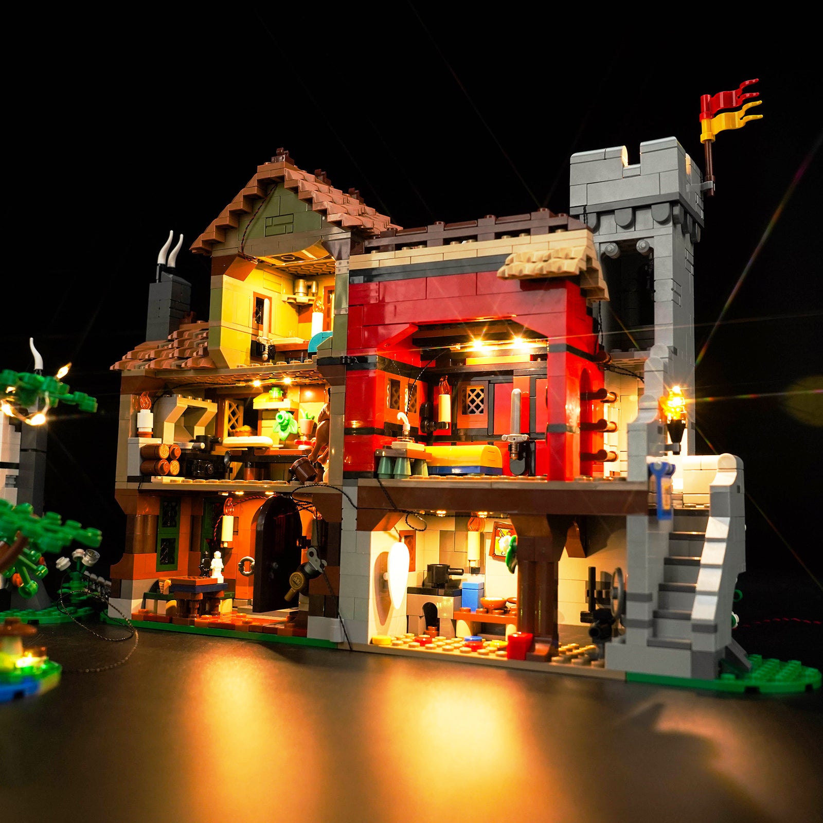 Lighting Details Shown of BrickBling Light Kit for LEGO Icons Medieval Town Square 10332