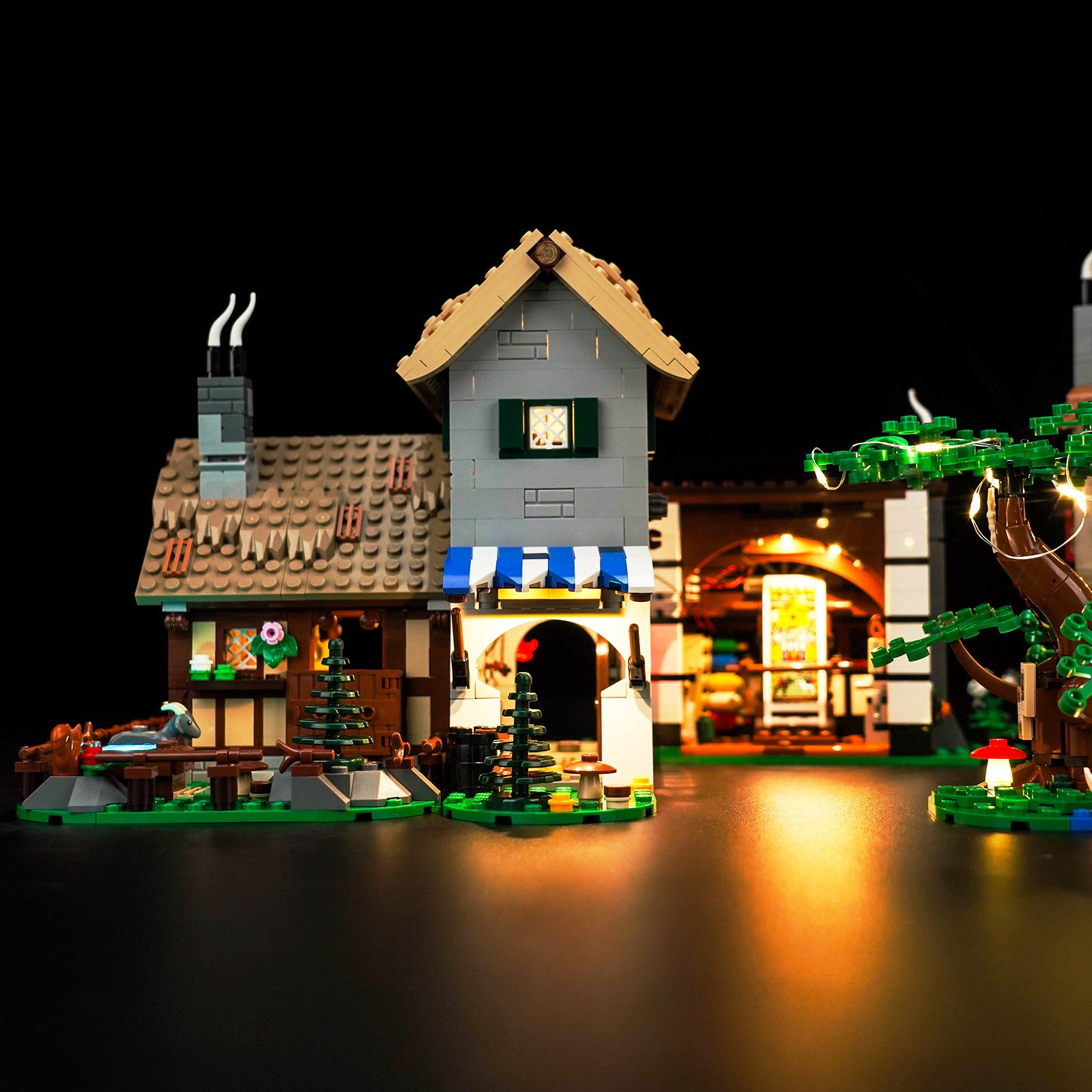 Lighting Details Shown of BrickBling Light Kit for LEGO Icons Medieval Town Square 10332