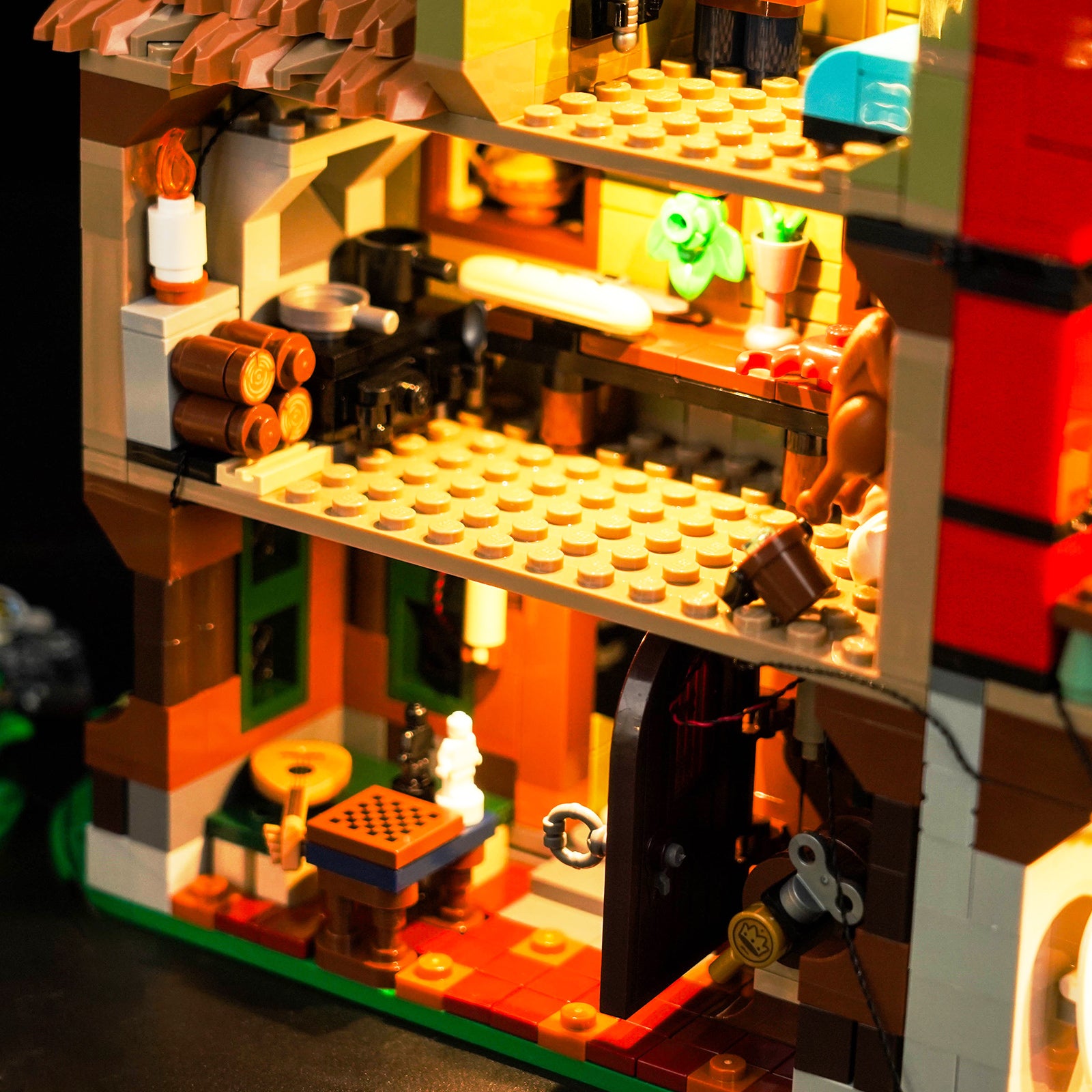 Lighting Details Shown of BrickBling Light Kit for LEGO Icons Medieval Town Square 10332