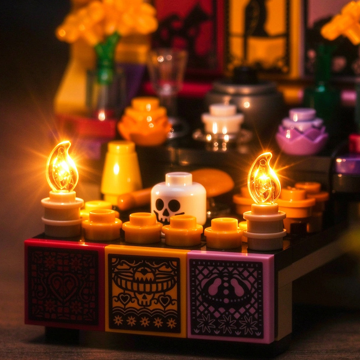 Flame LED lighting creating a warm atmosphere in a LEGO display