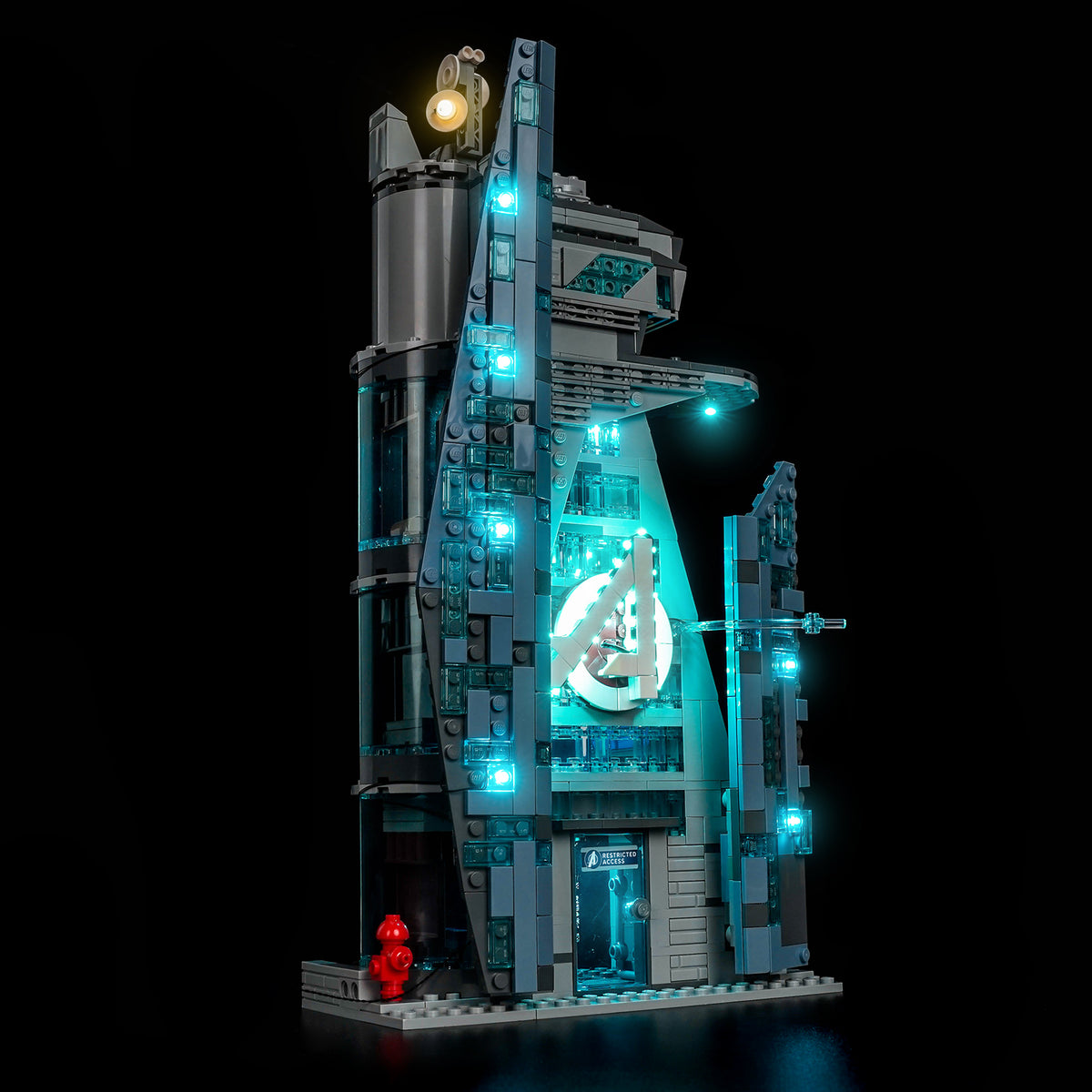 LEGO Marvel New Avengers Tower 76352 illuminated with the BrickBling LED light kit