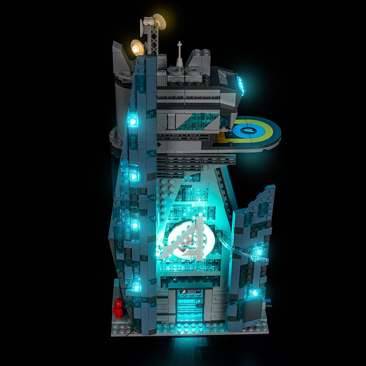 LEGO Marvel New Avengers Tower 76352 illuminated with the BrickBling LED light kit