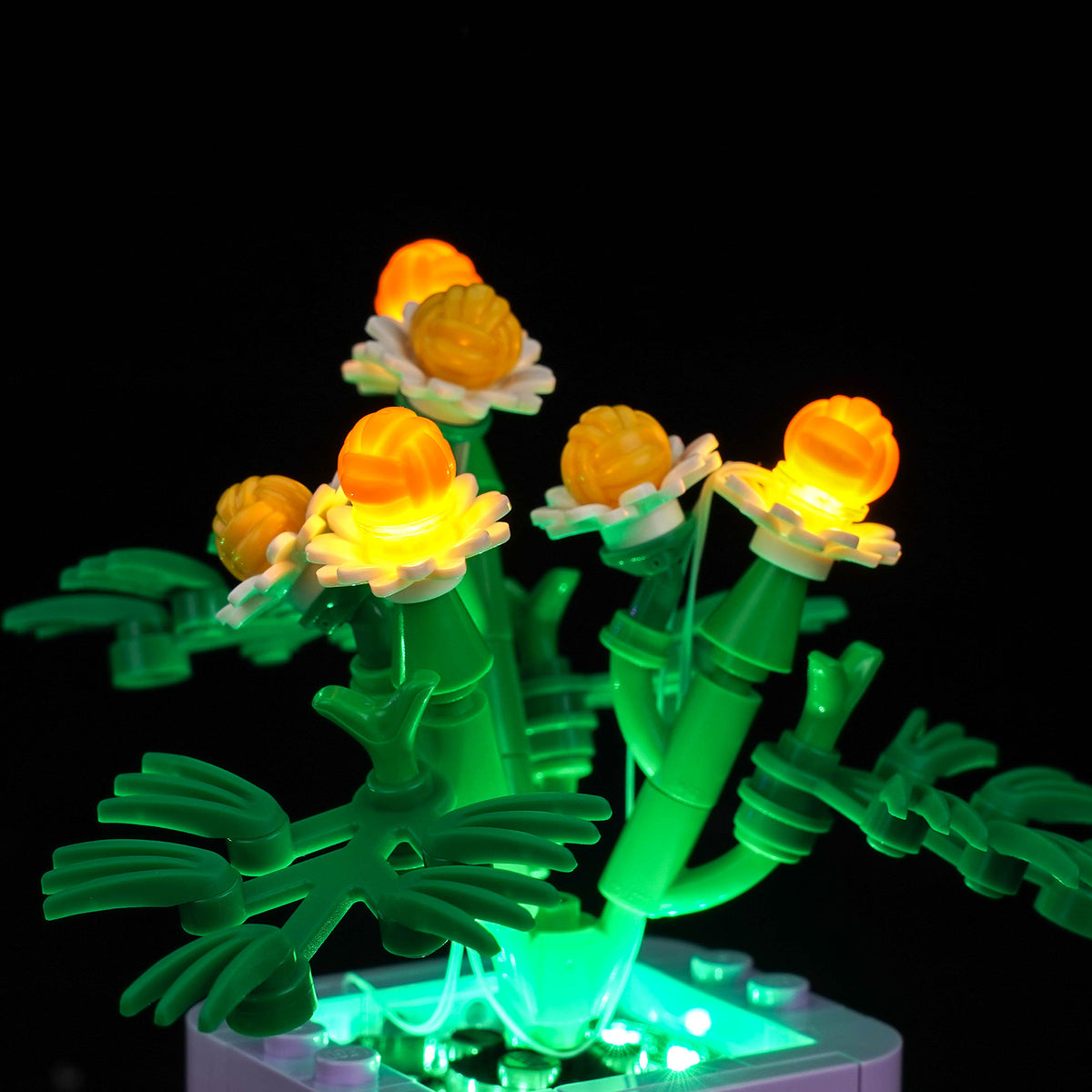 BrickBling LED Light Kit for LEGO Botanicals Cozy Plants 10371 – Close-up of warm white LED lights illuminating the daisies