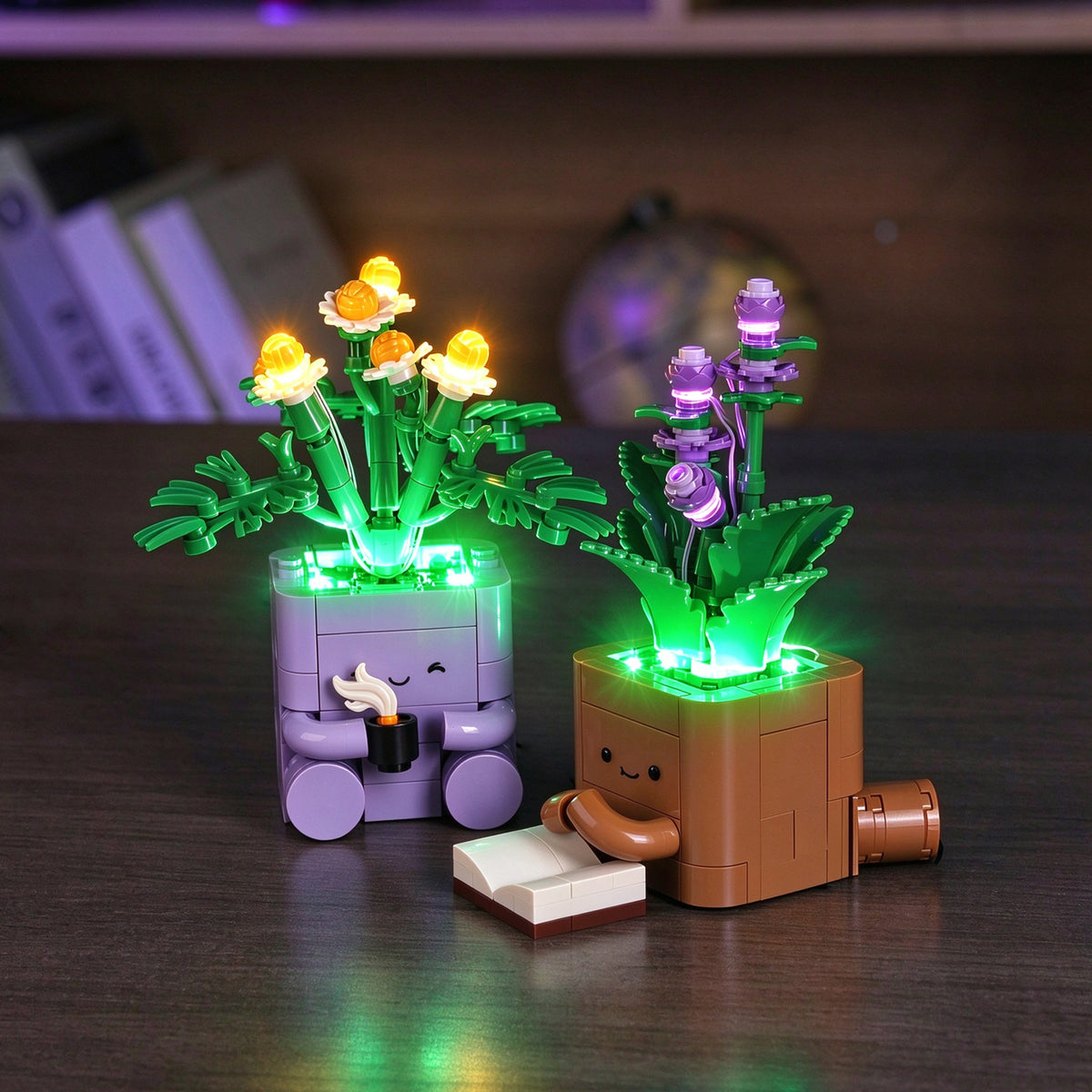 BrickBling LED Light Kit for LEGO Botanicals Cozy Plants 10371 displayed as illuminated home decor on a bookshelf