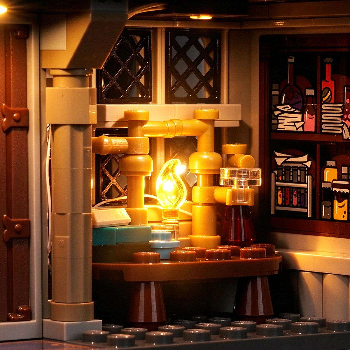 BrickBling LED flame light illuminating a detailed LEGO room