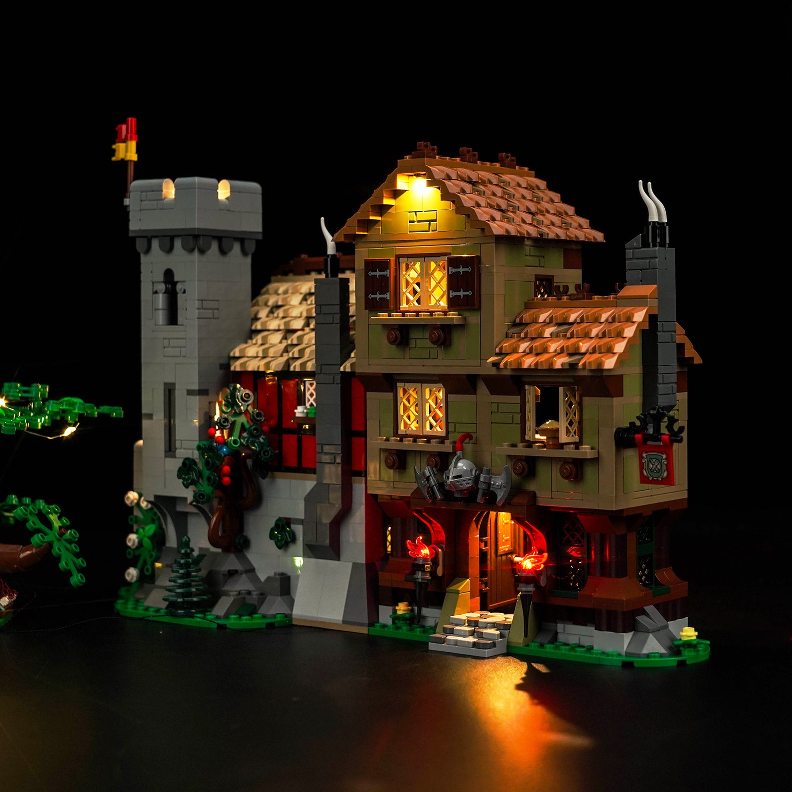 Lighting Details Shown of BrickBling Light Kit for LEGO Icons Medieval Town Square 10332
