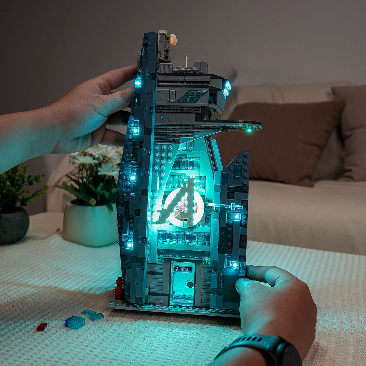 LEGO Marvel New Avengers Tower 76352 illuminated with the BrickBling LED light kit