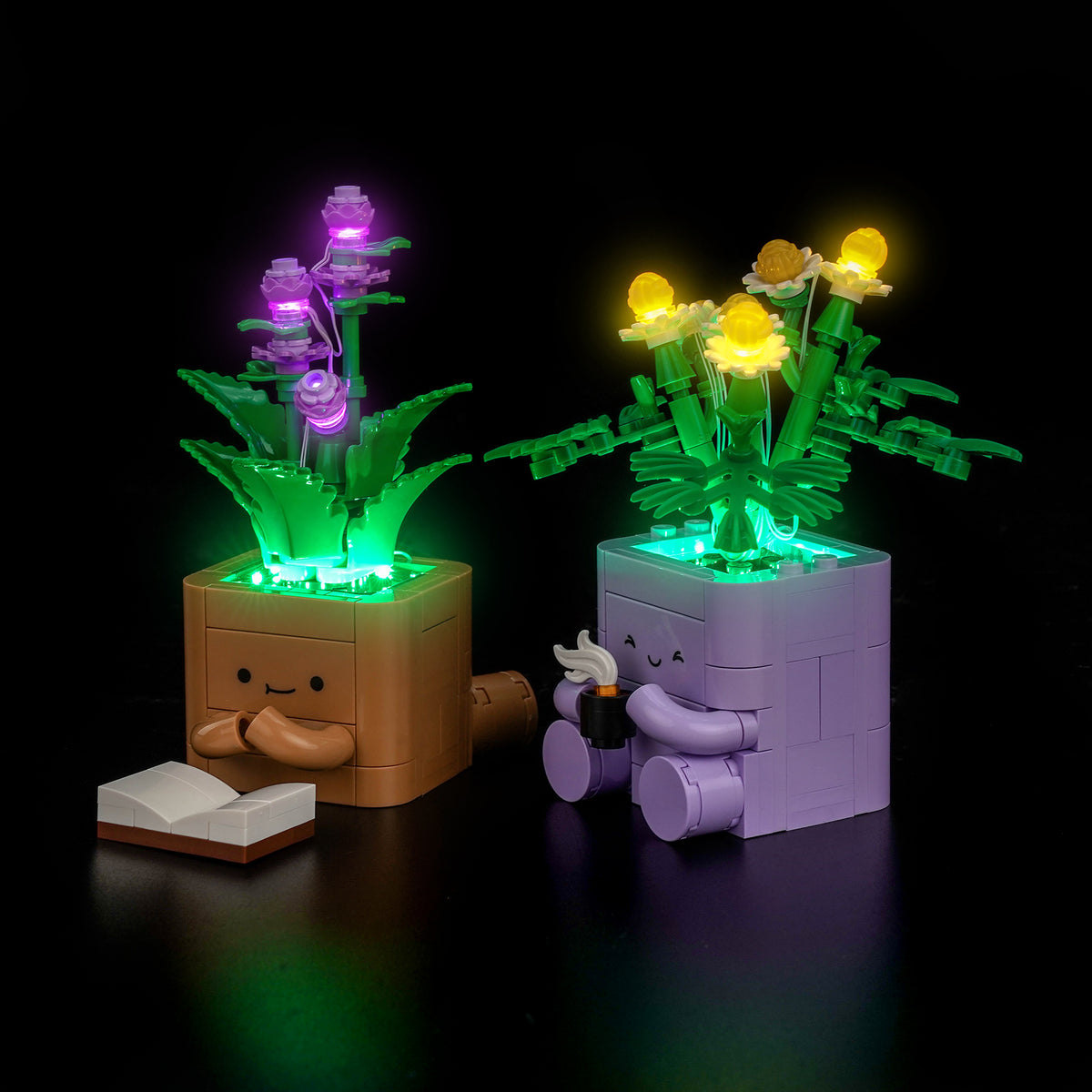 A cozy scene featuring the LEGO Botanicals Cozy Plants 10371 illuminated with BrickBling led lights