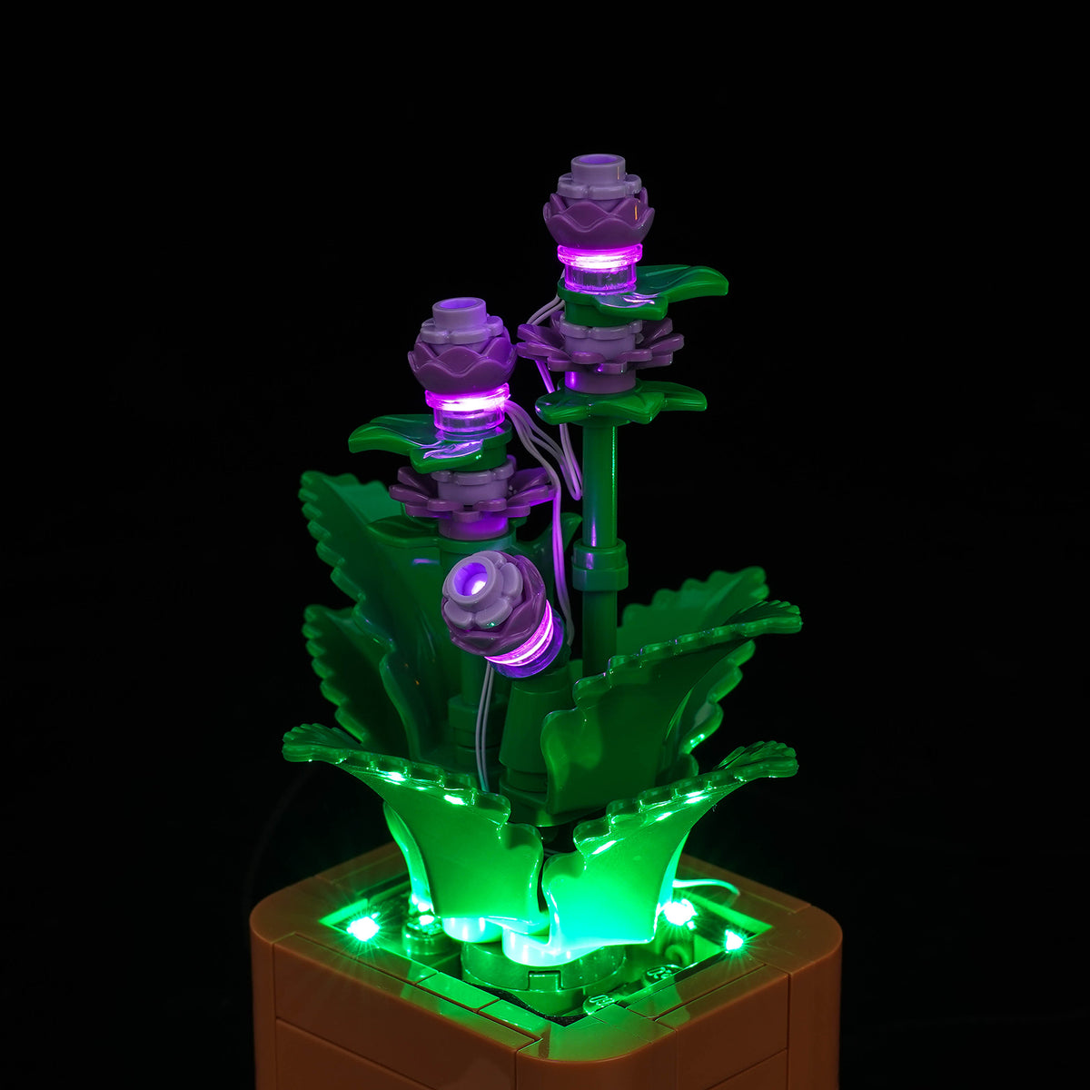 BrickBling LED Light Kit for LEGO Botanicals Cozy Plants 10371 – Close-up of the illuminated lavender flowers
